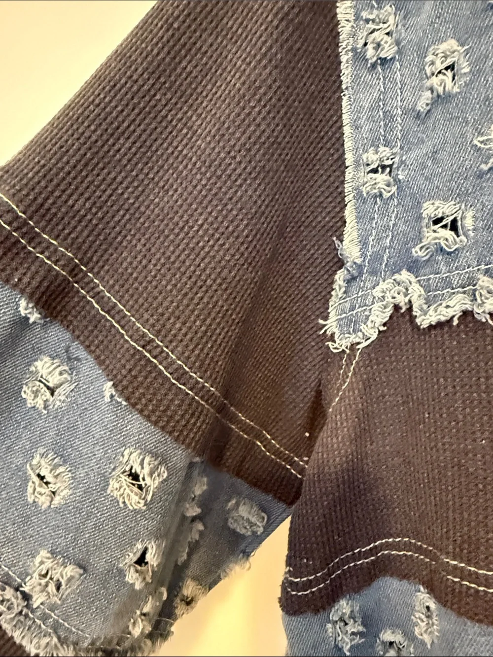 Pol Distressed Patchwork Pullover - Blue, Dark Gray, Cream - Picture 7 of 15